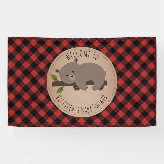 Sleepy Bear Buffalo Kariert Babydusche Empfang Banner (Horizontal)