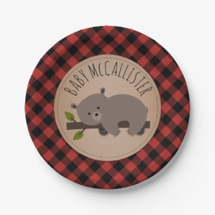 Sleepy Bear Cub Lumberjack Karierte Babydusche Pappteller