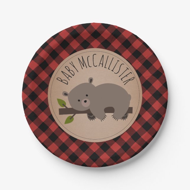Sleepy Bear Cub Lumberjack Karierte Babydusche Pappteller (Vorderseite)