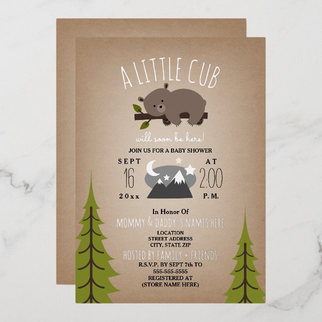 Sleepy Bear Cub Stars Cardstock Kinderdusche Folieneinladung (Vorderseite/Rückseite)
