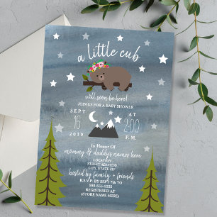 Sleepy Bear Cub Watercolor Girl Babydusche Einladung
