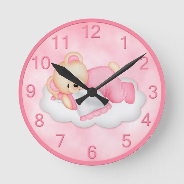 Sleepy Bear Pink Wall Clock Runde Wanduhr (Vorderseite)