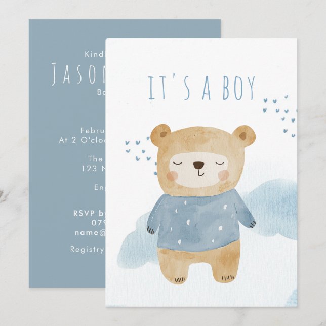 Sleepy Blue Watercolor niedlich Babydusche Einladung (Vorne/Hinten)