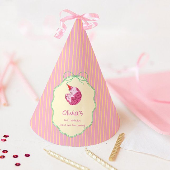 Sleepy Cat 1st Birthday Yellow Stripes Partyhütchen (Von Creator hochgeladen)