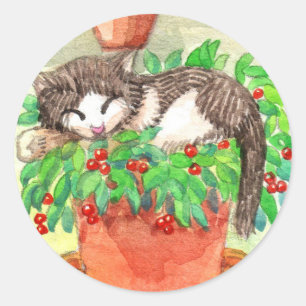 Sleepy Cat auf Pflanze Runder Aufkleber