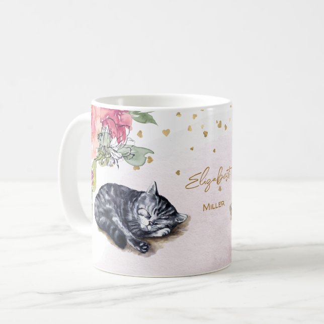 Sleepy Cat Illustration Gold Glitzer Girl Custom Kaffeetasse (Vorderseite Links)
