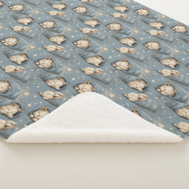 Sleepy Cats Under Starry Sky Cozy Blue Pattern Sherpadecke (3/4)