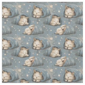 Sleepy Cats Under Starry Sky Cozy Blue Pattern Stoff