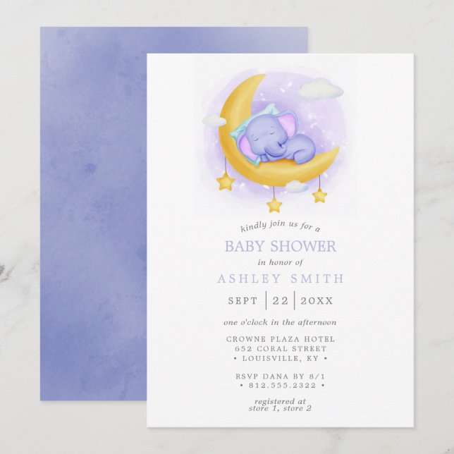 Sleepy Elephant Moon Watercolor Babydusche Einladung (Vorne/Hinten)