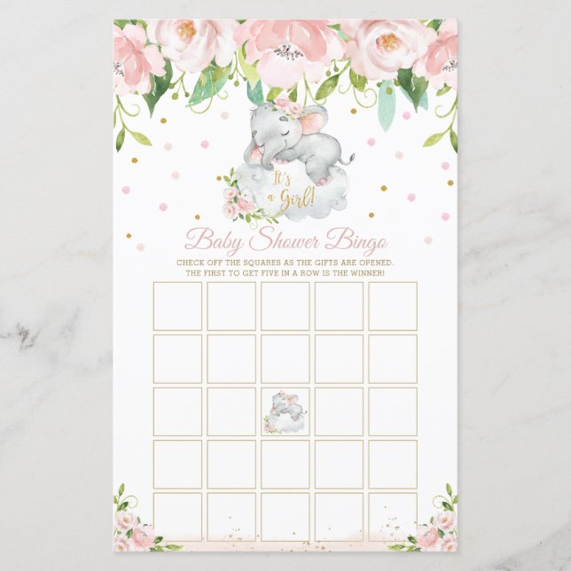 Sleepy Elephant Pink Floral Baby Dusche Bingo Spie (Vorderseite)