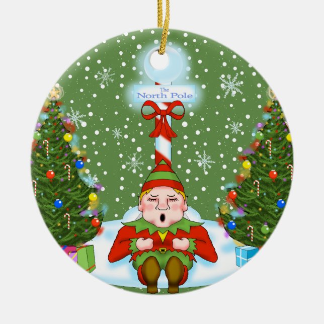 Sleepy Elf Weihnachtsfeier Keramik Ornament (Vorne)