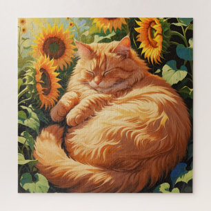 Sleepy Fat Orange Cat mit Sonnenblumen