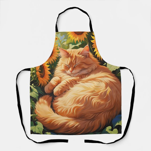 Sleepy Fat Orange Cat mit Sonnenblumen Schürze (Vorderseite)