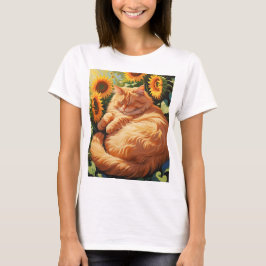 Sleepy Fat Orange Cat mit Sonnenblumen T-Shirt