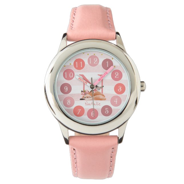 Sleepy Fox Illustration Sweet Monogram Girl Gift Armbanduhr (Vorderseite)