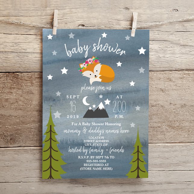 Sleepy Fox Mountains Watercolor Girl Babydusche Einladung (Von Creator hochgeladen)
