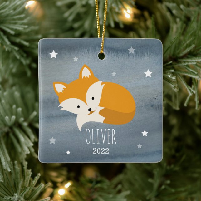 Sleepy Fox Stars Baby Cub Erste Weihnachten Keramikornament (Baum)