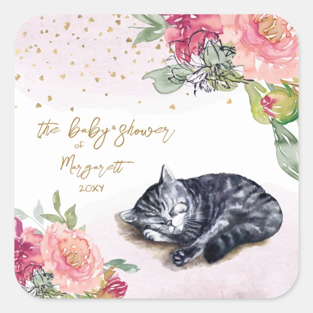 Sleepy Kitten Illustration Girl Babydusche Quadratischer Aufkleber (Vorderseite)