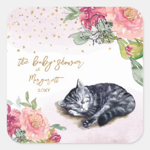 Sleepy Kitten Illustration Girl Babydusche Quadratischer Aufkleber