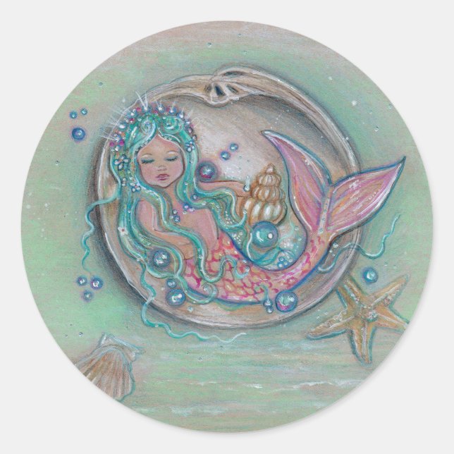 Sleepy kleine Meerjungfrau von Renee Lavoie Runder Aufkleber (Vorderseite)