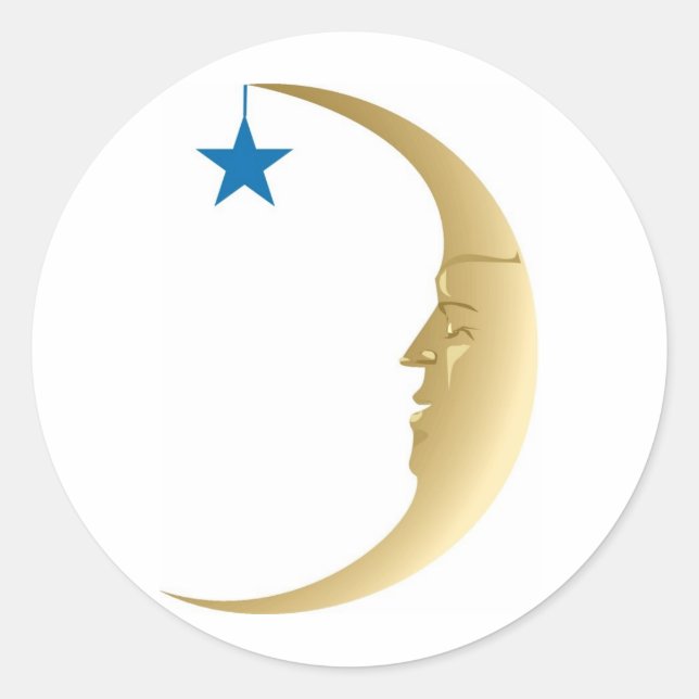 Sleepy Moon mit Blue Star Runder Aufkleber (Vorderseite)