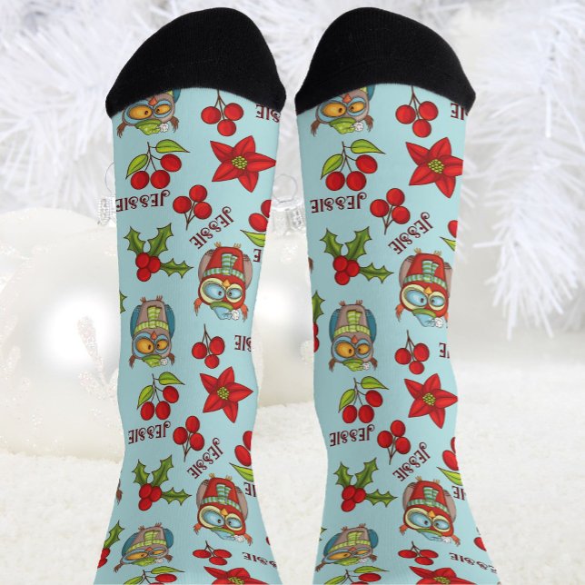 Sleepy Owls personalize Name Christmas Novelty Socken (Von Creator hochgeladen)