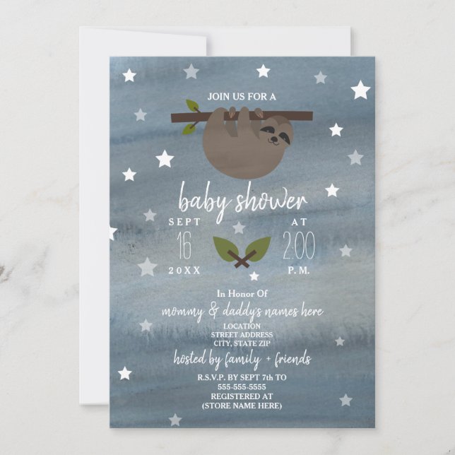 Sleepy Sloth Watercolor Stars Kinderdusche Einladung (Vorderseite)