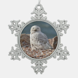 Sleepy Snowy Owl   Schneeflocken Zinn-Ornament