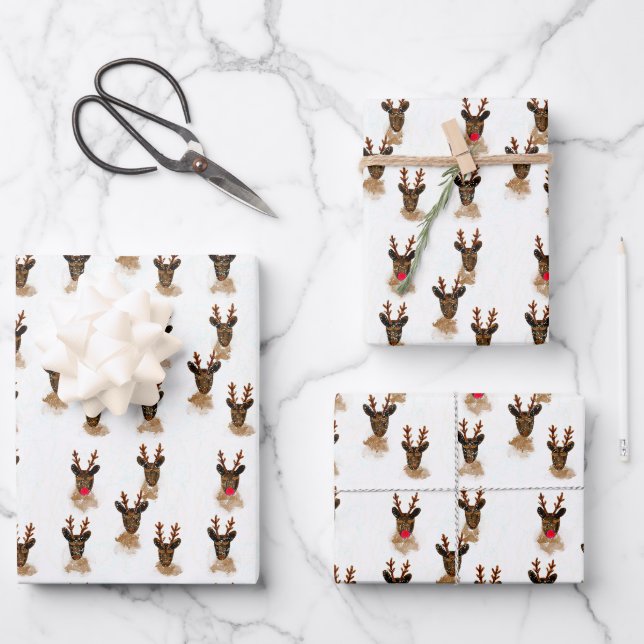 Sleepy Snowy Rentier Rustikale Weihnachten Geschenkpapier Set (Vorderseite)