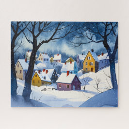 Sleepy Snowy Village - Aquarell