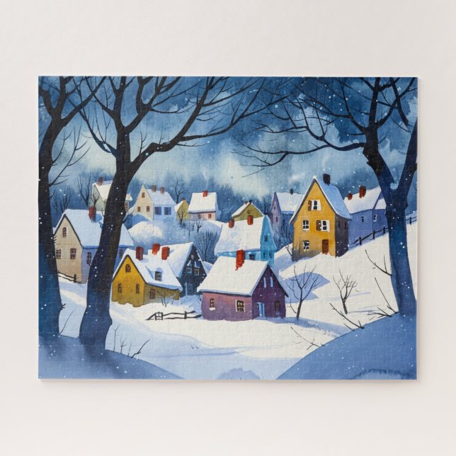 Sleepy Snowy Village - Aquarell (Horizontal)