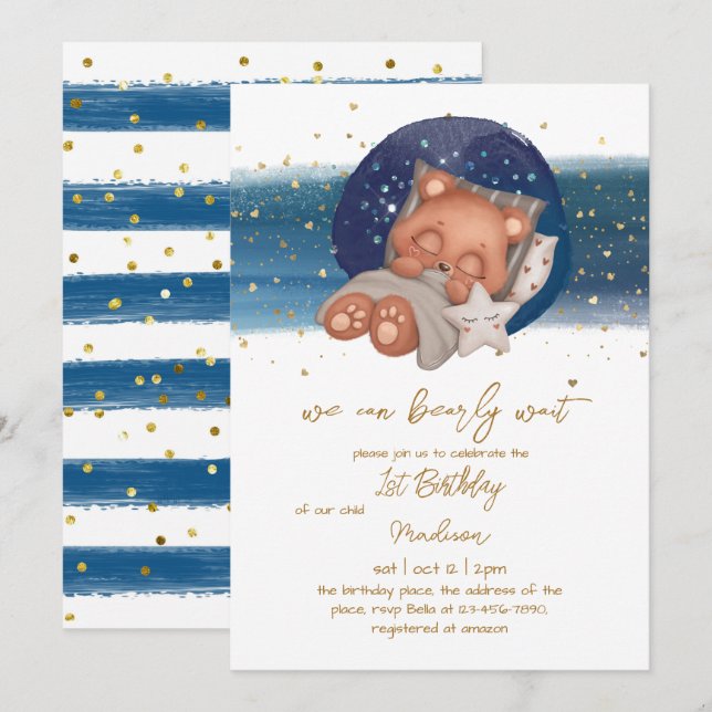 Sleepy Teddy Bear Baby Boy Erstgeburt Invitati Einladung (Vorne/Hinten)