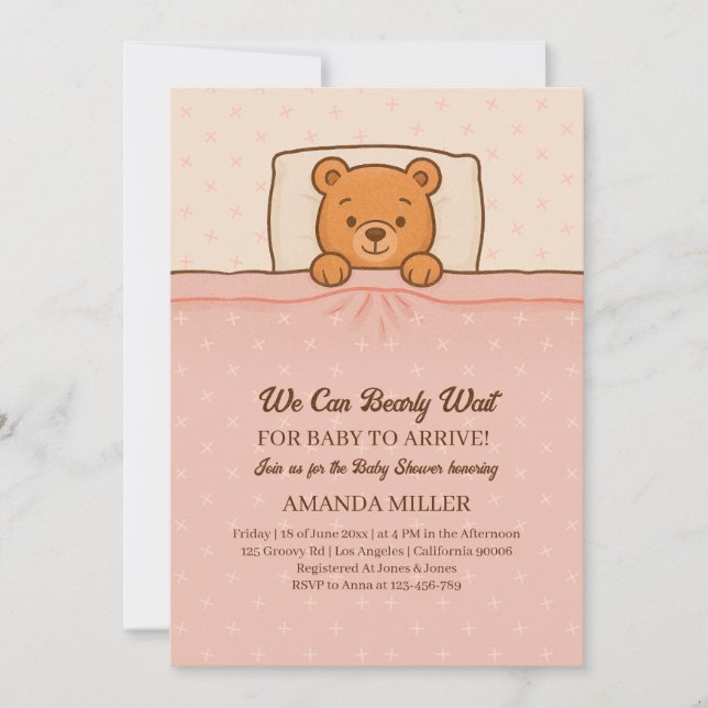 Sleepy Teddy Bear Light Pink Baby Dusche Einladung (Vorderseite)