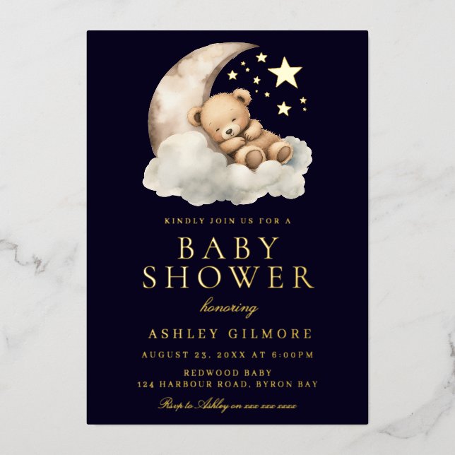 Sleepy Teddy Bear on Moon Baby Showgold Folieneinladung (Vorderseite)