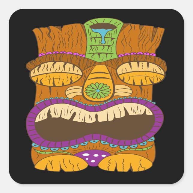 Sleepy Tiki Statue mit Open Mouth, Funny Black Quadratischer Aufkleber (Vorderseite)