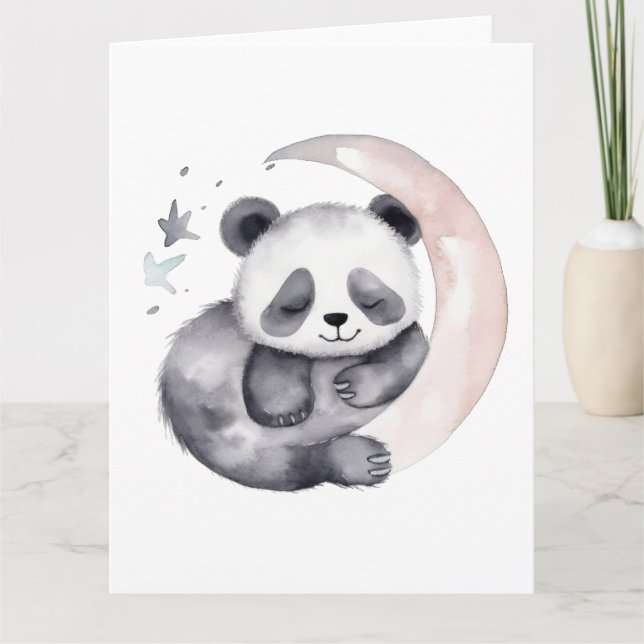 Sleepy Watercolor Moon Baby Panda Bear Karte (Vorderseite)