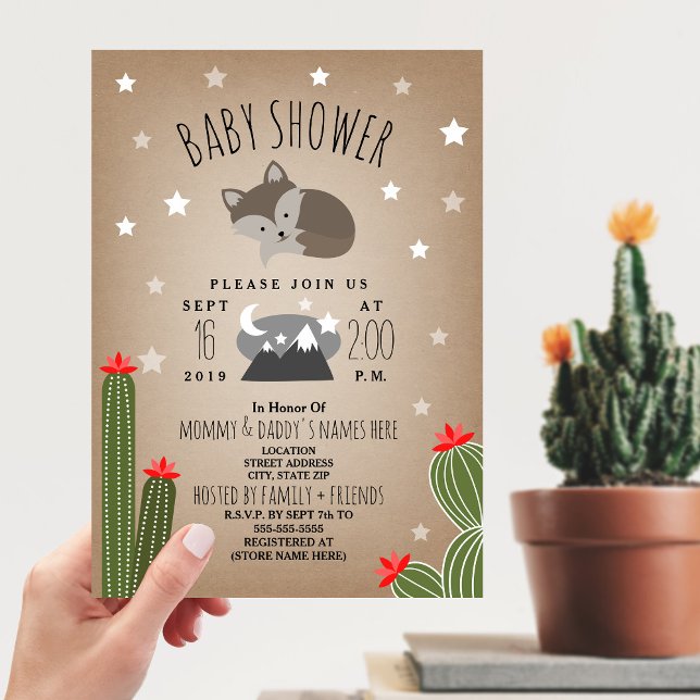Sleepy Wolf Pup Desert  Mountains Baby Shower Einladung (Von Creator hochgeladen)