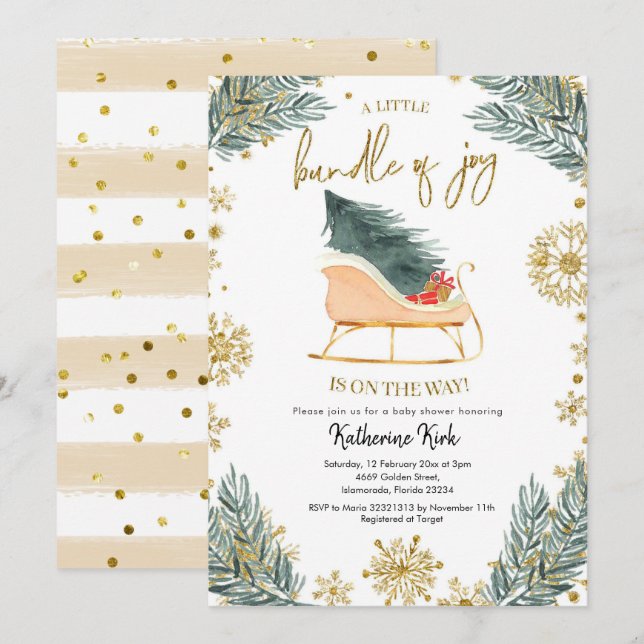 Sleigh Baby Shower Little Bundle of Joy Einladung (Vorne/Hinten)
