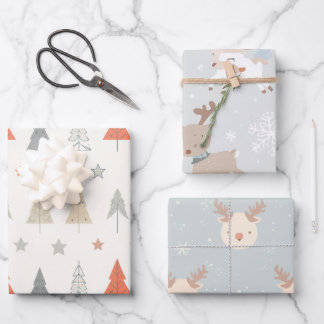 Sleigh Reindeer Pine Trees Pattern wrapping sheet Geschenkpapier Set