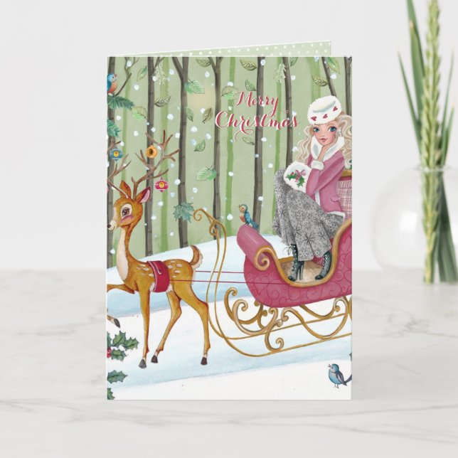 Sleigh Ride Girl - Carte de voeux de Noël (Devant)