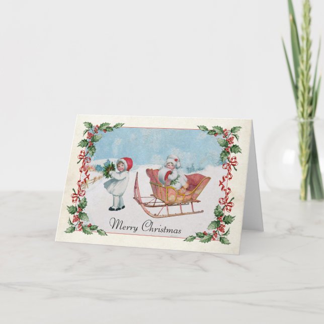Sleigh Ride Girls Frohe Weihnachten Holly Vintag (Vorderseite)