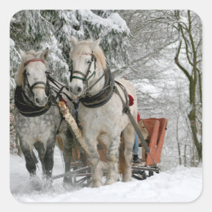 Sleigh Ride im Snowy Forest Quadratischer Aufkleber
