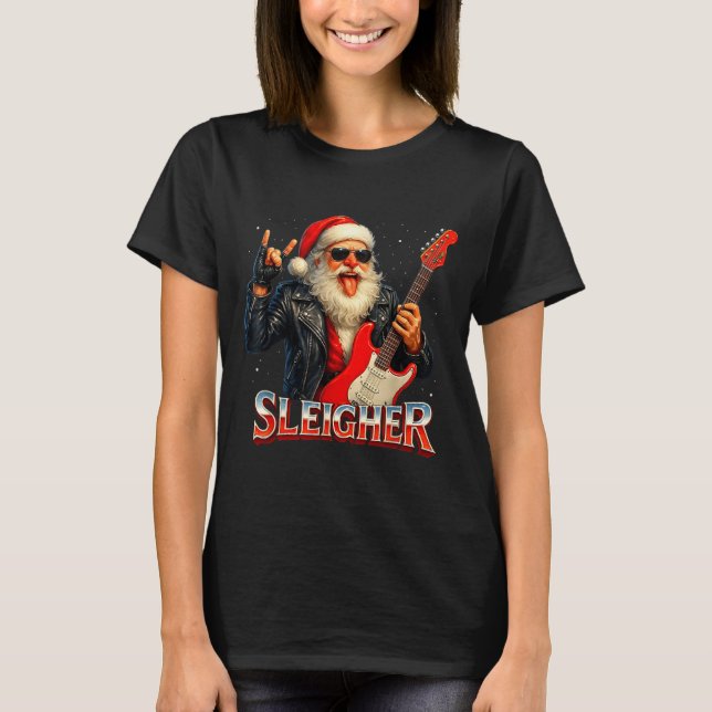 Sleigher Rock Santa Funny Metal Christmas Design  T-Shirt (Vorderseite)