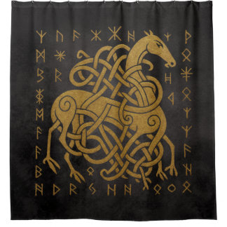 Sleipnir, Golden Nordeuropäisches Pferd mit Runens Duschvorhang