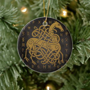 Sleipnir, Golden Nordeuropäisches Pferd mit Runens Keramik Ornament