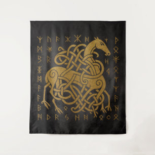 Sleipnir, Golden Nordeuropäisches Pferd mit Runens Wandteppich