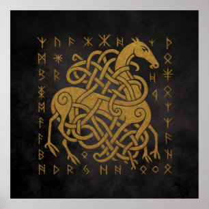 Sleipnir, Golden Norisches Pferd mit Runensymbol Poster