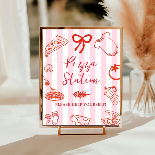 Slice Slice Baby Pizza-Stationsschild Poster (Red and Pink Pizza station baby shower sign)
