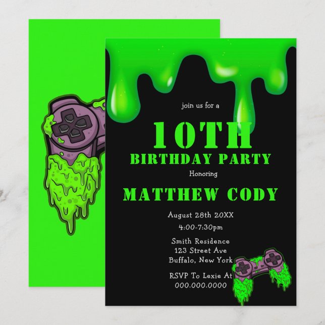 Slime et Jeux Garçon 10e anniversaire Invitations  (Devant / Derrière)