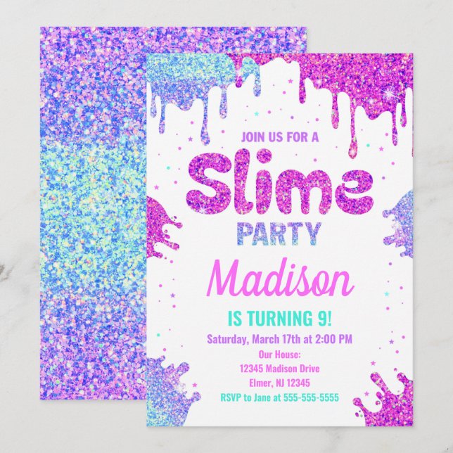 Slime Party Anniversday Invitation Parties scintil (Devant / Derrière)